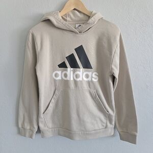 Adidas Youth Beige Hoodie Long Sleeve Big Logo Pullover Sweatshirt Sz L (14-16)